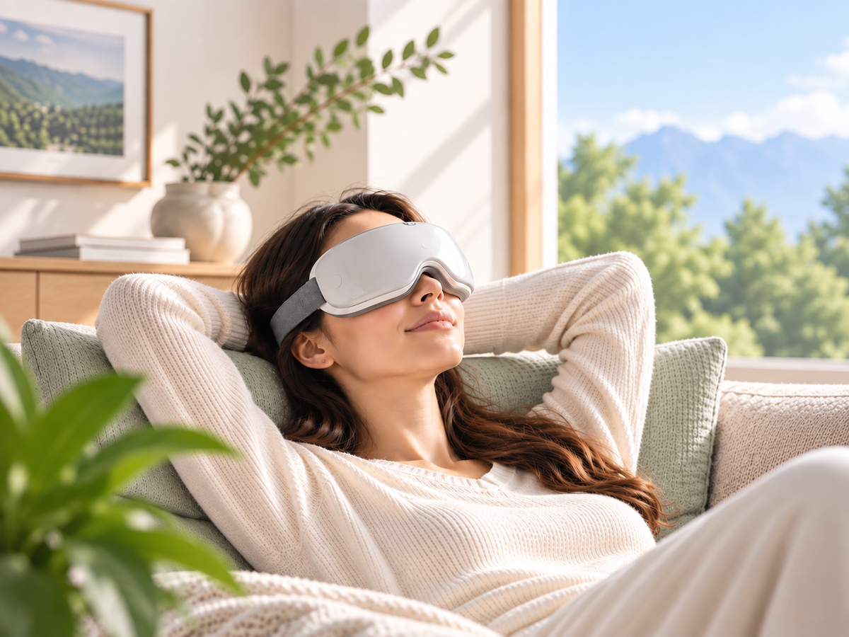 Person relaxing with a smart heated eye massager