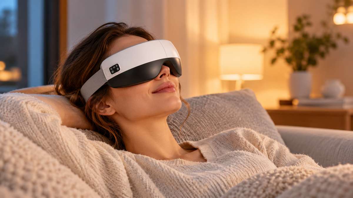Woman reclining on a sofa wearing a white and dark gray eye massager in a warmly lit room