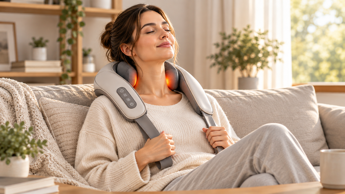 Woman relaxing at home with a heated neck massager