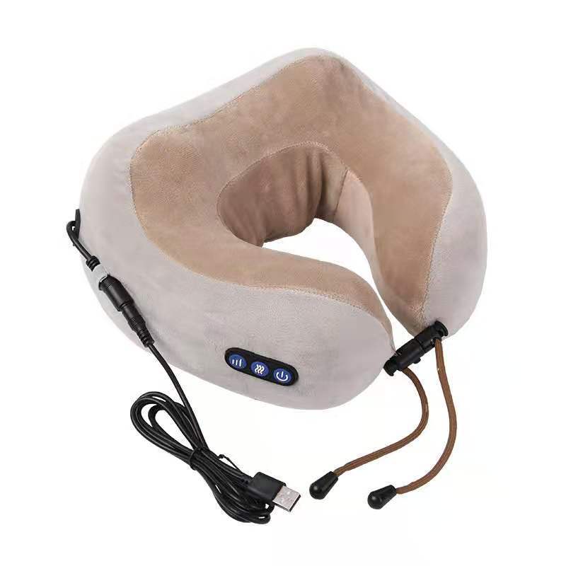 RestKnot U-shaped beige massage pillow with brown lining, front controls and a USB cable