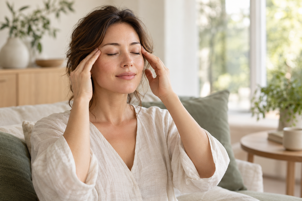 Woman sitting on a sofa with her eyes closed, gently resting her fingertips on her temples in a sunlit living room
