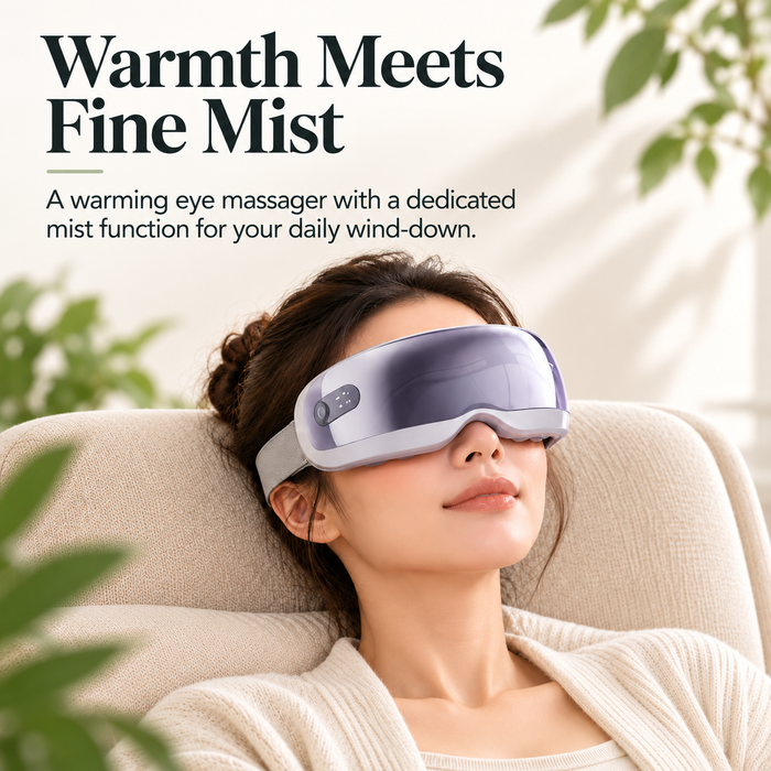 Woman wearing an ELM & ECHO eye massager with a lavender visor and grey strap while relaxing in an armchair