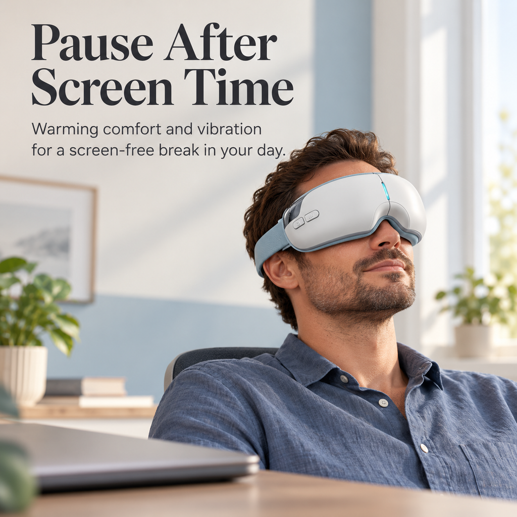Man wearing a white ELM & ECHO heated eye massager while taking a break at a desk with a closed laptop