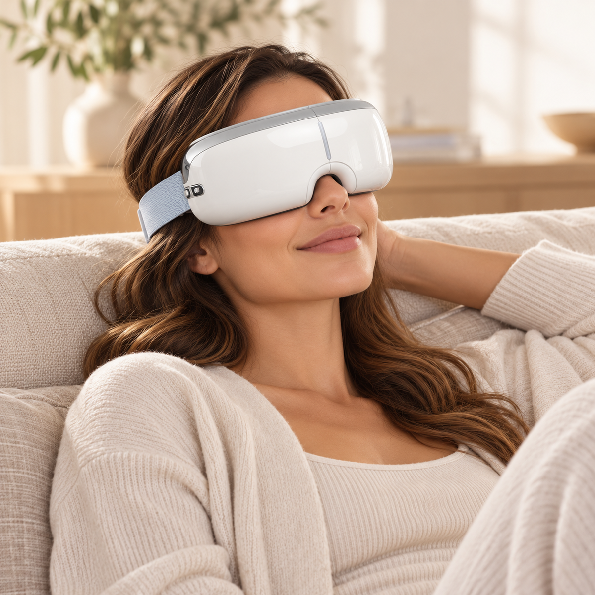 Woman relaxing on a sofa while wearing a white heated eye massager with a light blue strap