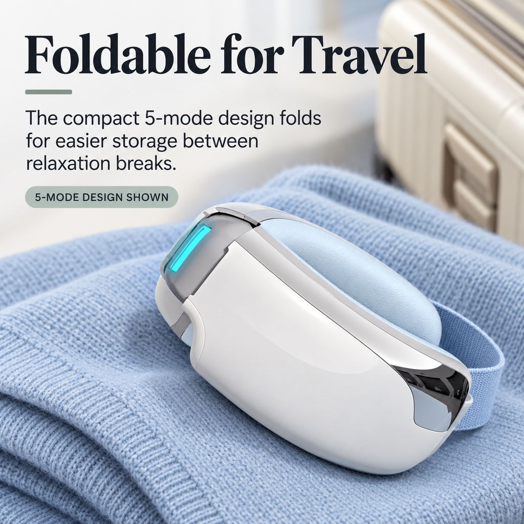 Folded ELM & ECHO eye massager resting on a blue knitted sweater beside a suitcase