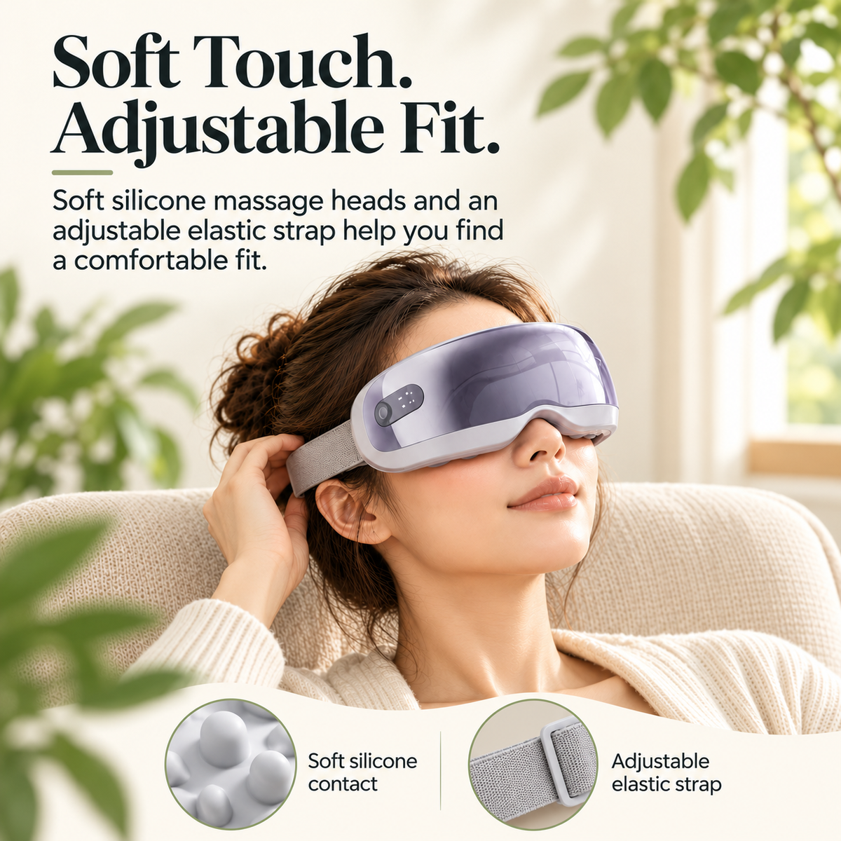 Woman adjusting the strap of an ELM & ECHO eye massager, with close-ups of silicone contact points and the strap buckle