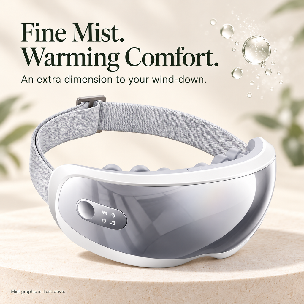 White and gray eye massager with an adjustable strap beside an illustrative water-droplet graphic and fine-mist feature text.