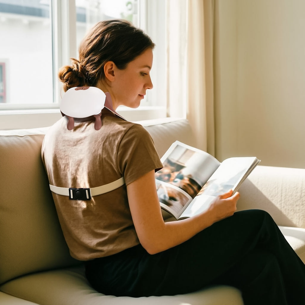 Woman wearing NeckEase Pro heated neck massager