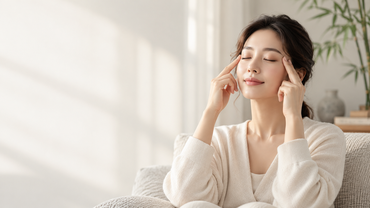 Woman with closed eyes gently resting her fingertips at her temples in a softly lit room.