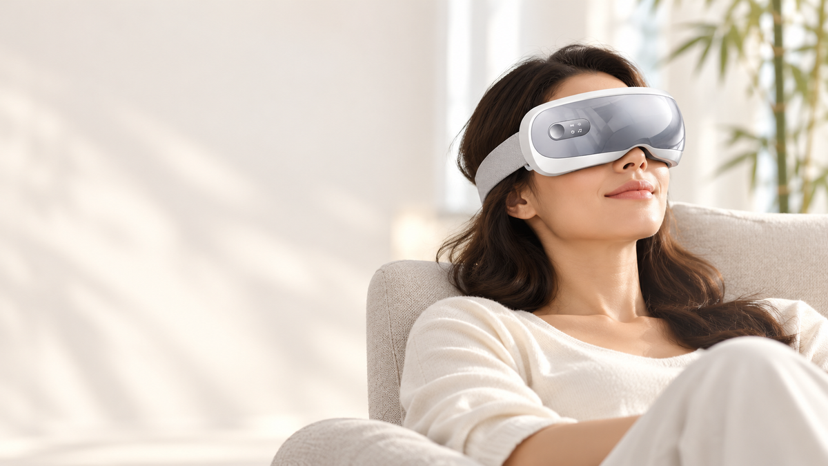 Woman relaxing in a linen chair while wearing a white and lavender-gray eye massager with an adjustable gray strap.