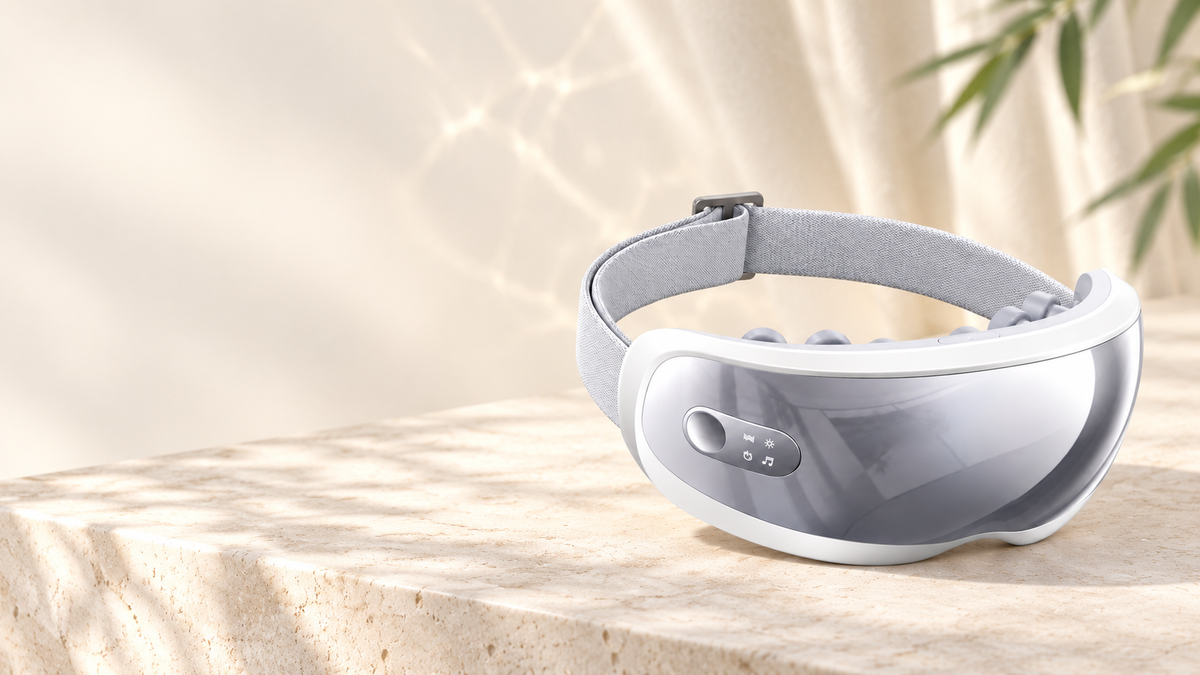 White and lavender-gray eye massager with an adjustable gray fabric strap on a pale stone tabletop.