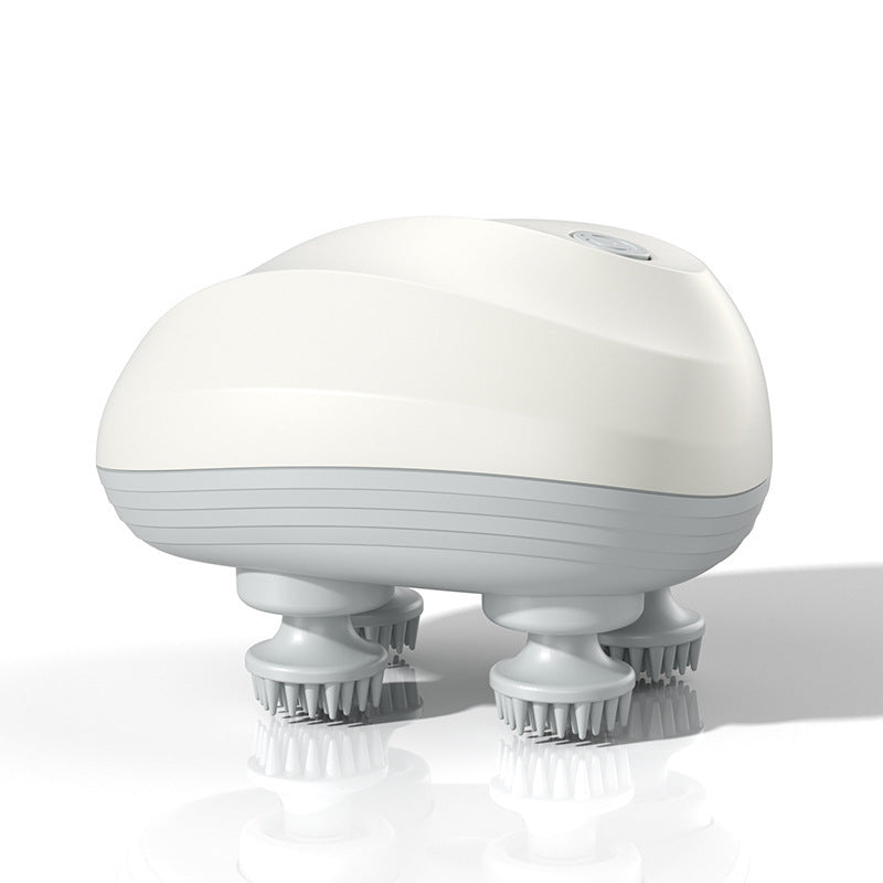 White ELM & ECHO rechargeable scalp massager with four massage heads, side view