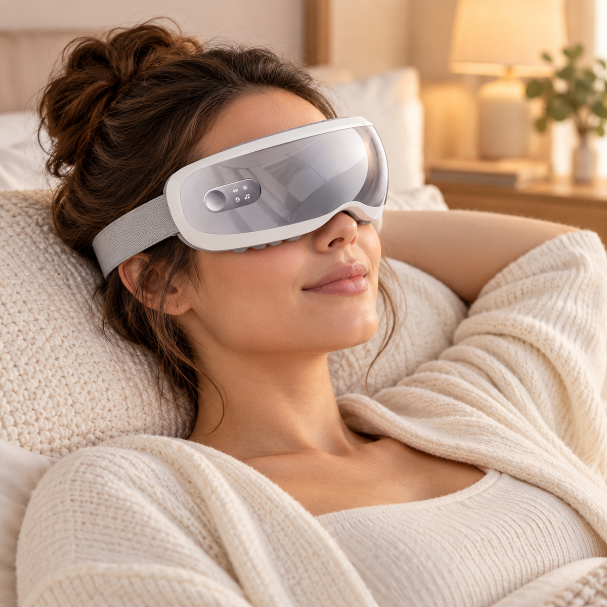 Woman reclining at home wearing a white heated eye massager with a translucent gray front
