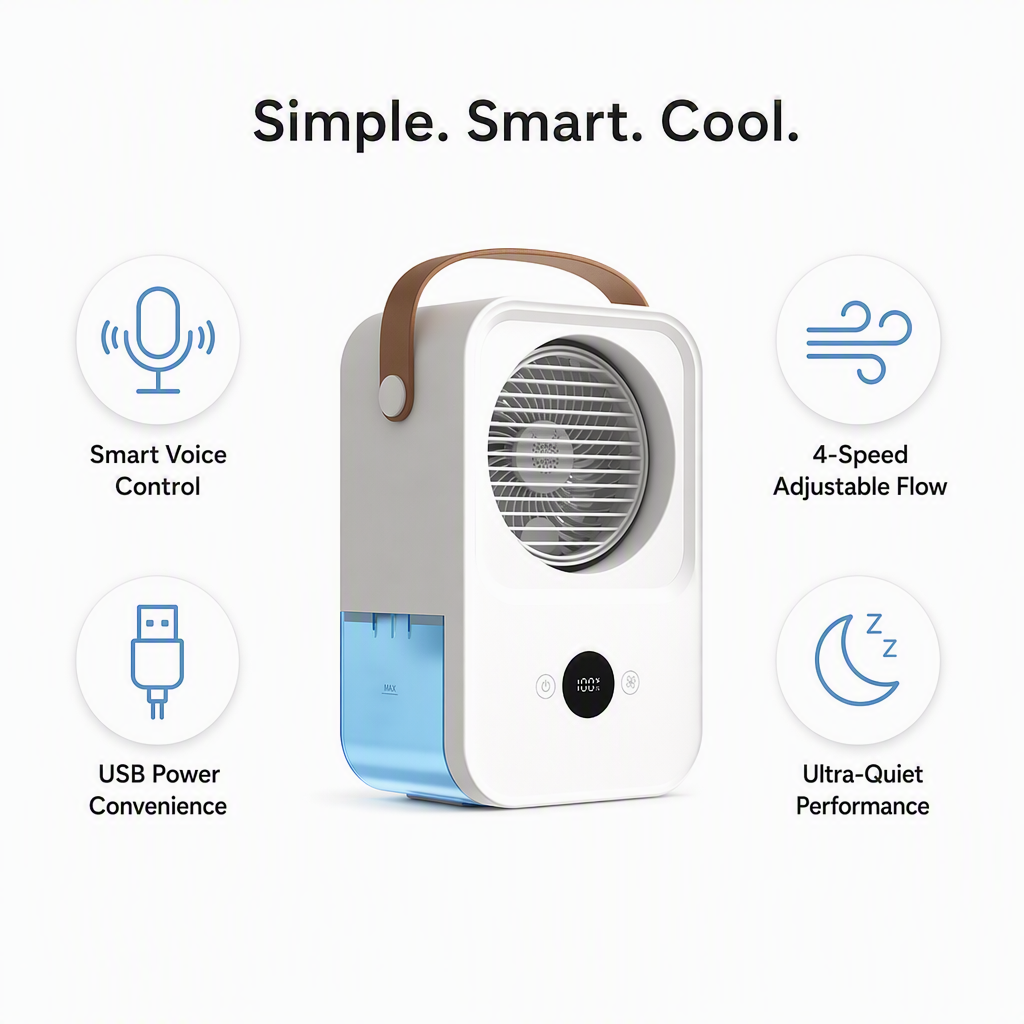 Elm Echo VoiceBreeze smart desktop fan controls and airflow detail