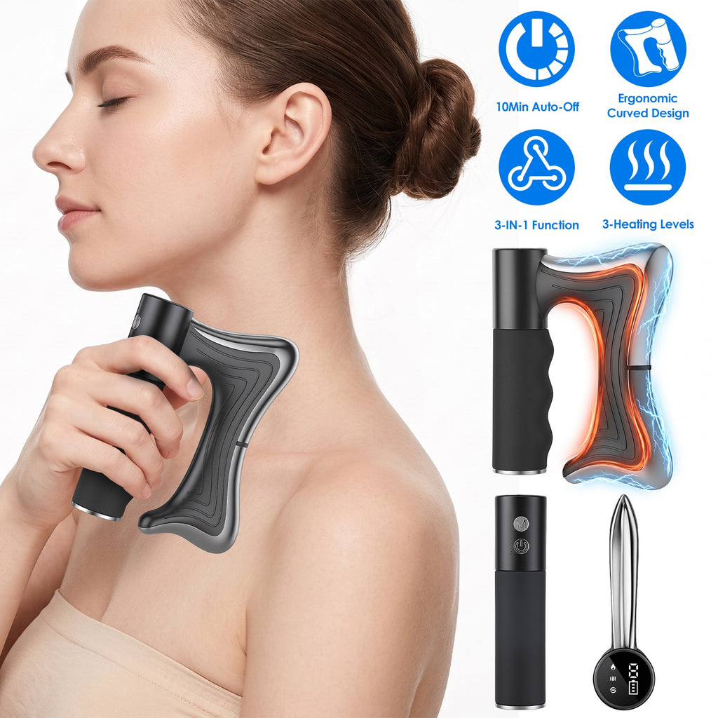 Woman using ThermaPulse heated muscle massager on neck