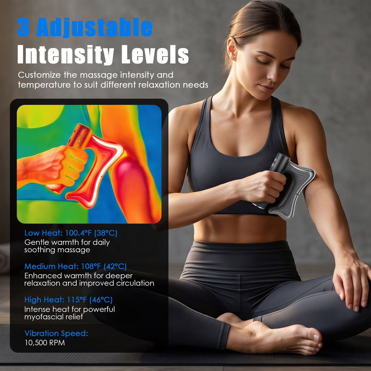 Woman using ThermaPulse with adjustable massage intensity