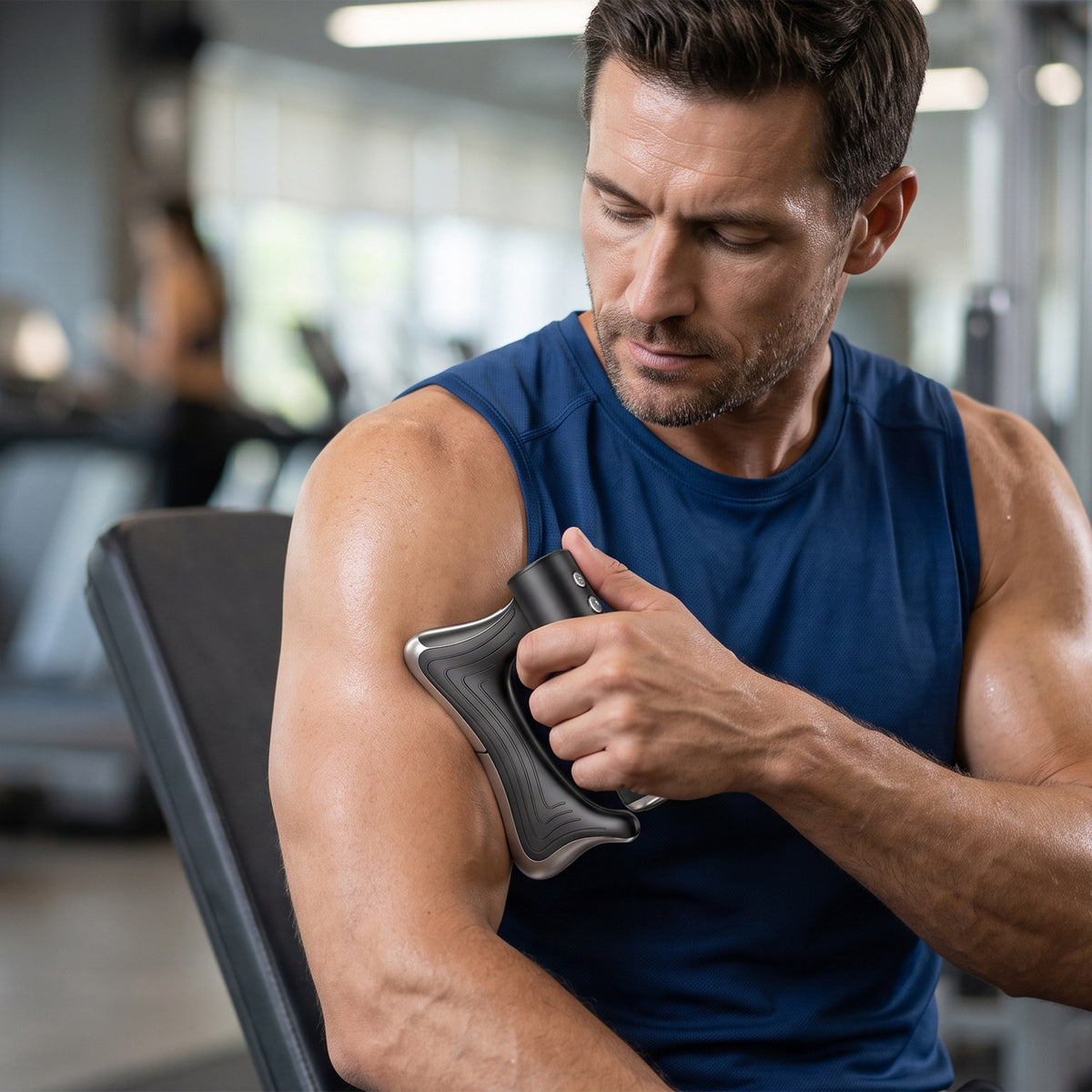 Man using ThermaPulse muscle massager on shoulder